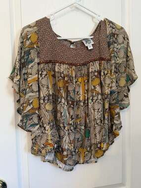 Ivu Jane Boho Floral Patchwork Batwing Sleeve Blouse XS